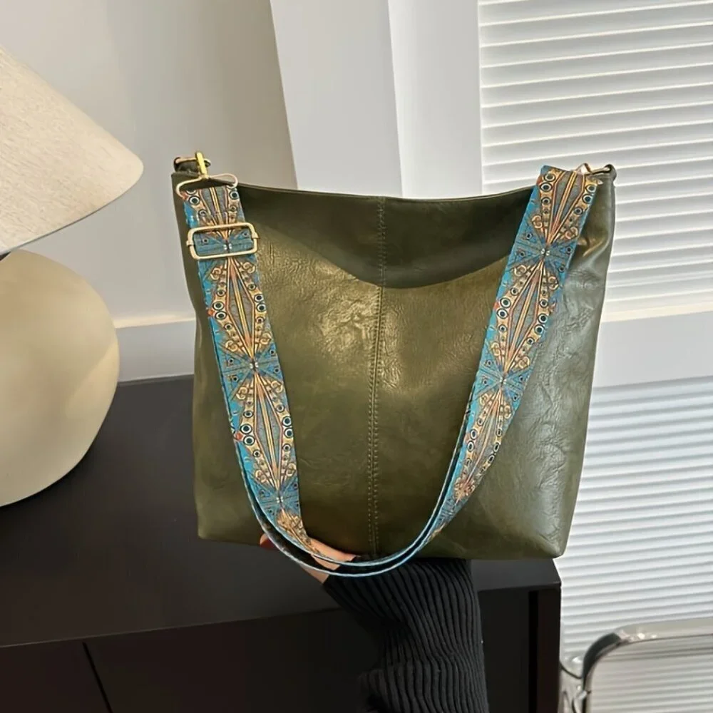 Olive Green Vegan Leather Crossbody Bag Boho Wide Strap Travel Purse